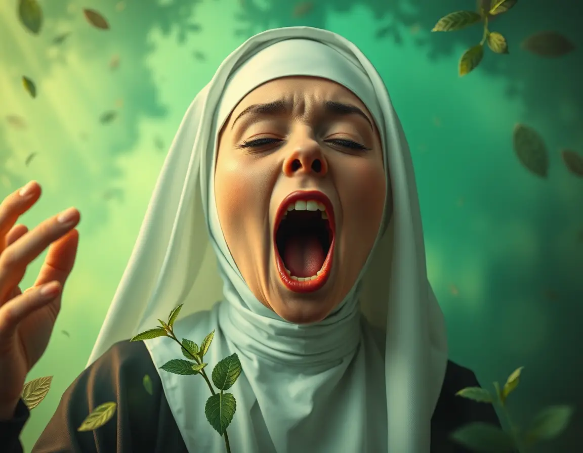 Surreal nun in mint green popsurreal fantasy scene