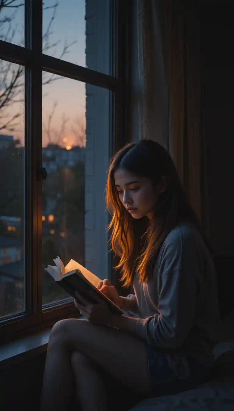 Chica adolescente leyendo junto a una ventana al atardecer