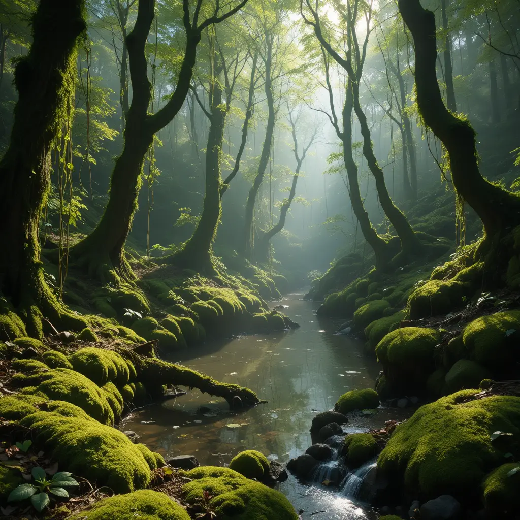 Misty green forest with moss and a quiet pond