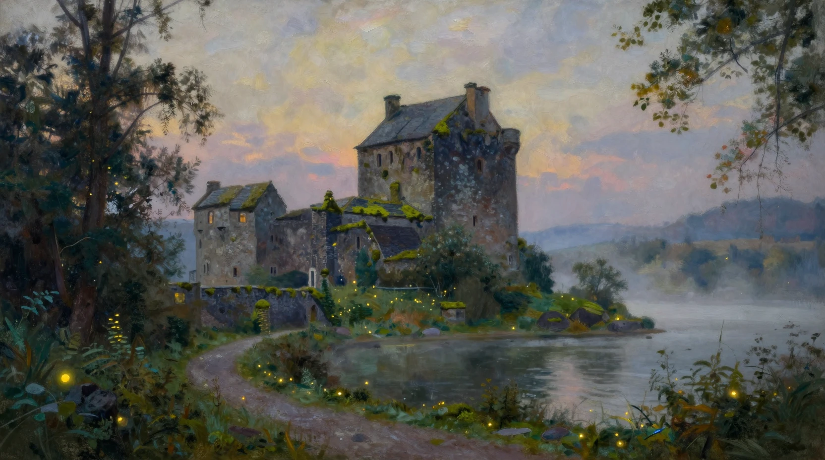 Antiguo castillo que se alza sobre un lago boscoso y brumoso al atardecer