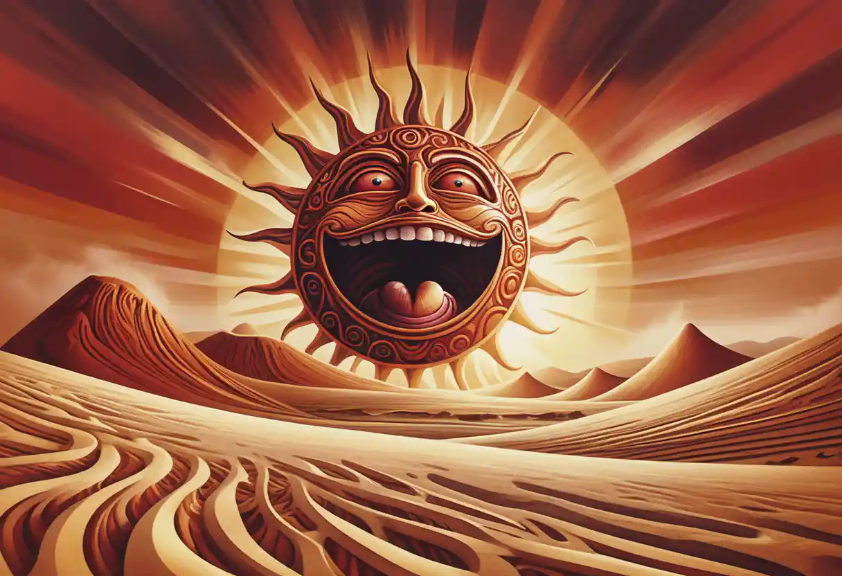 Géant soleil de dessin animé se levant au-dessus d’un vaste horizon désertique
