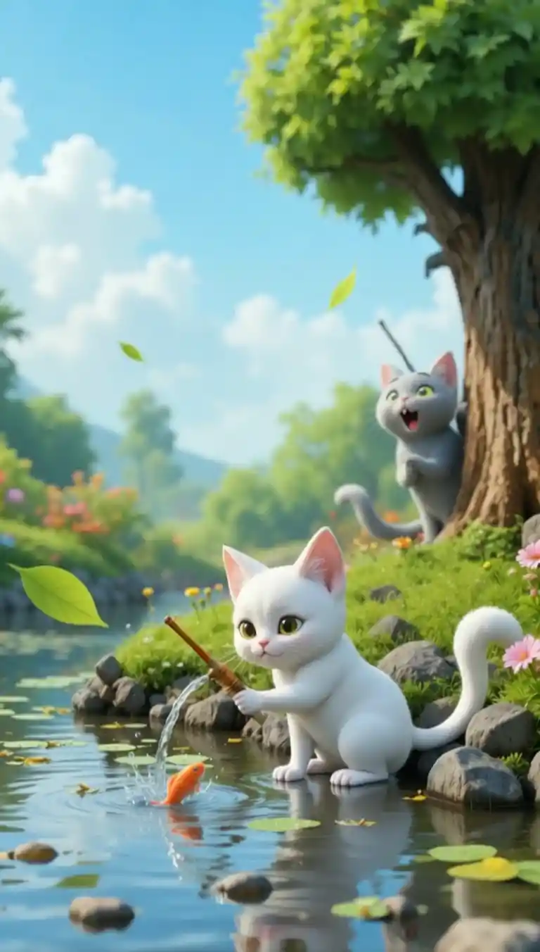 Weiße Cartoon-Katze hebt vorsichtig einen Fisch aus dem Wasser
