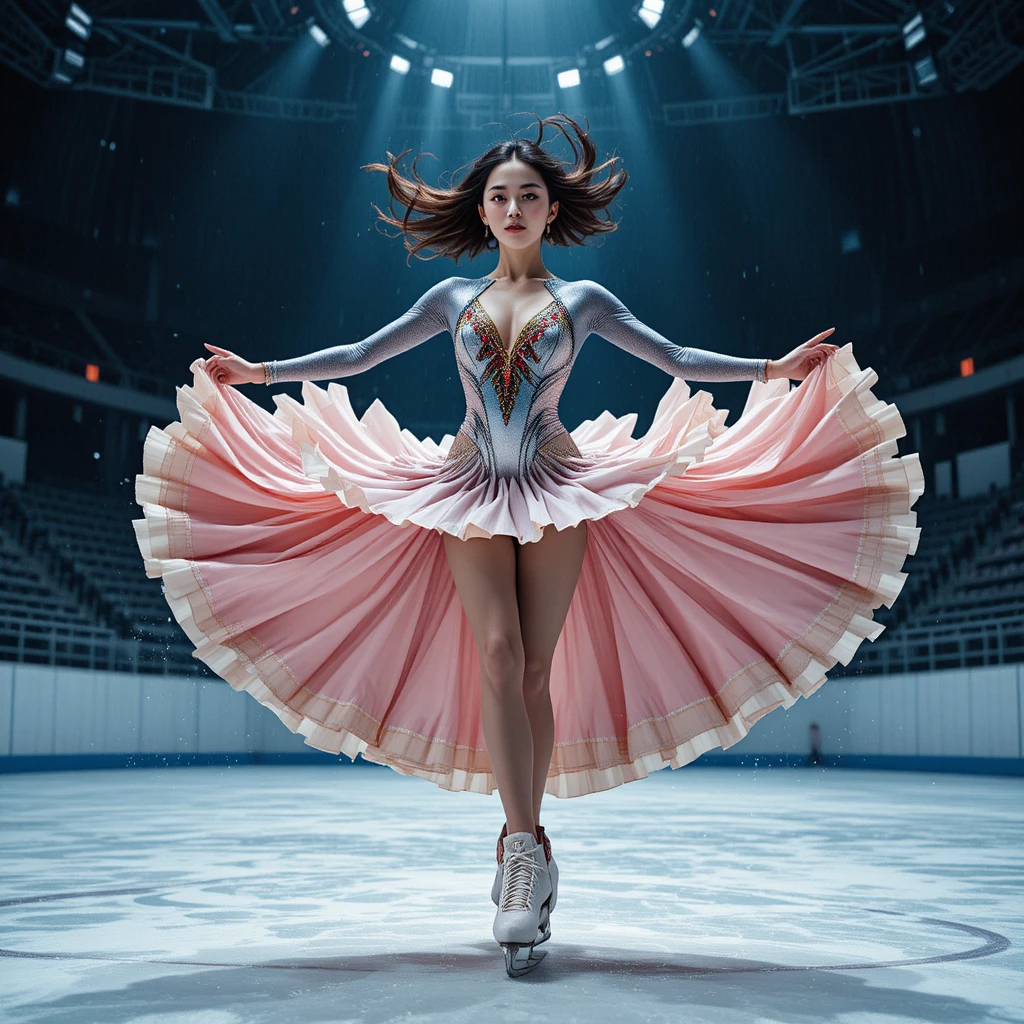 Korean figure skater spinning in a radiant metallic costume