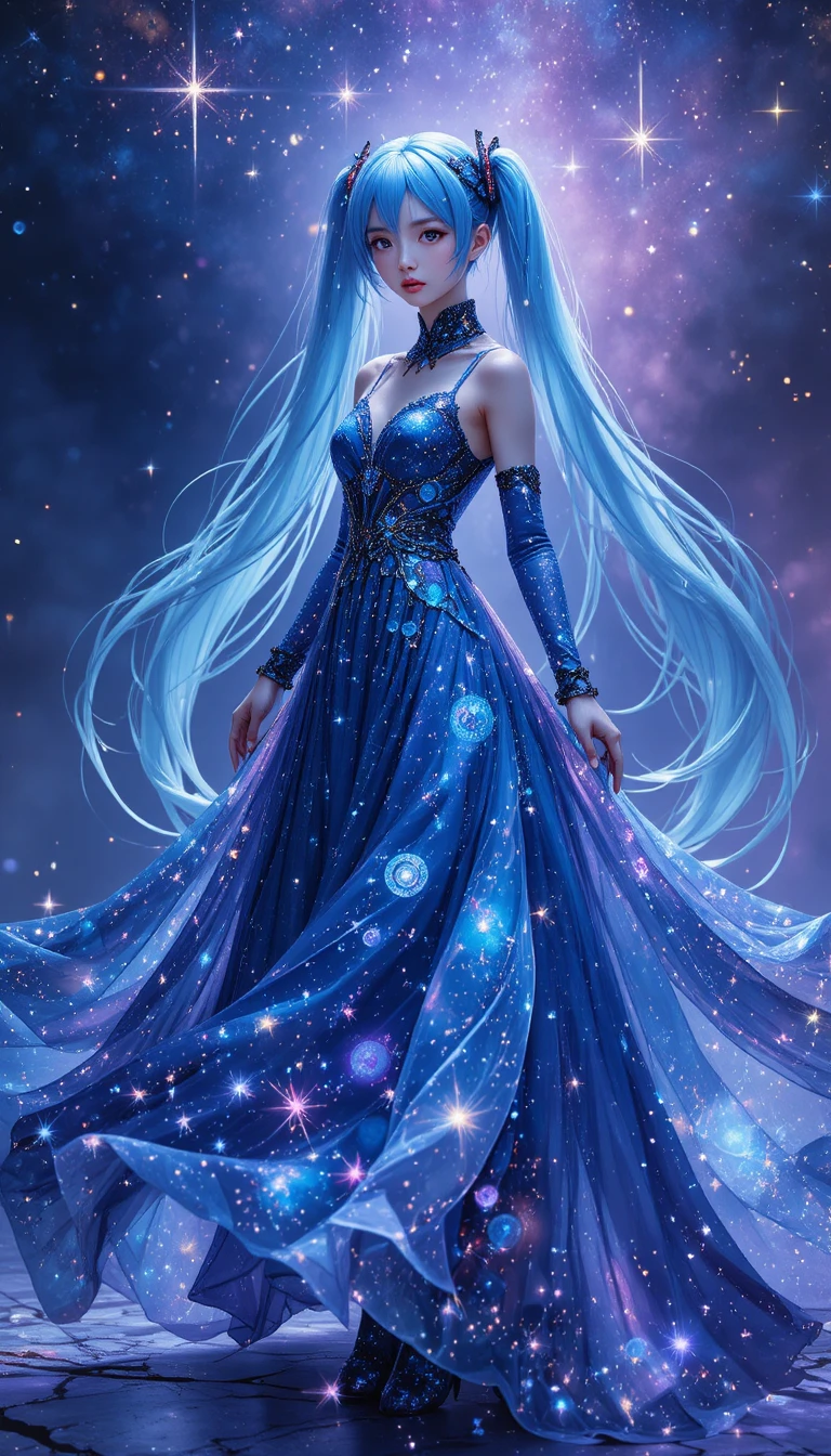 Anime girl in a flowing cosmic dress under starry sky