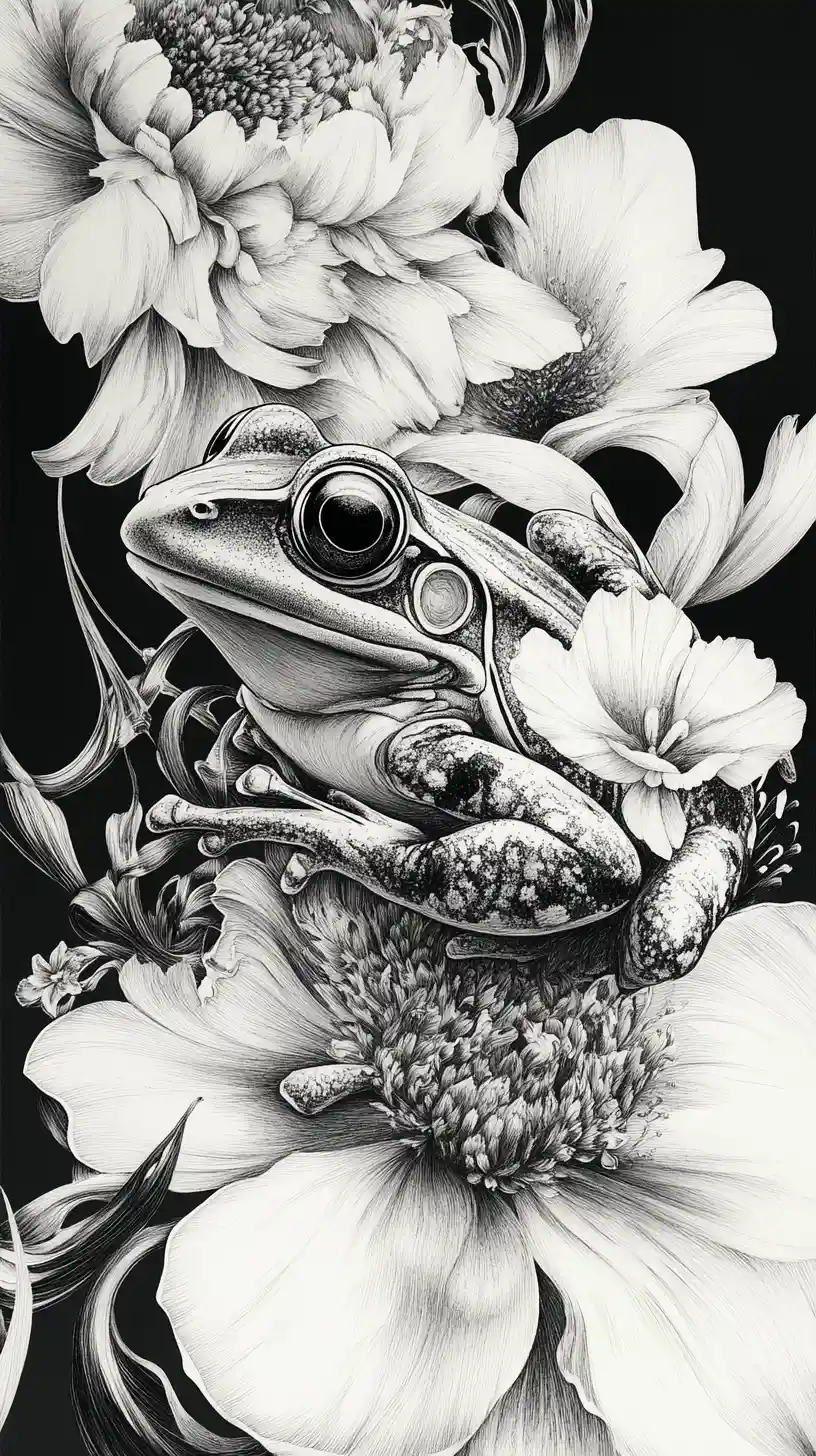 Intricate ink frog illustration formed from floral elements