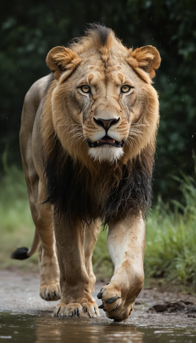 Roaring male lion walking in heavy rain front view