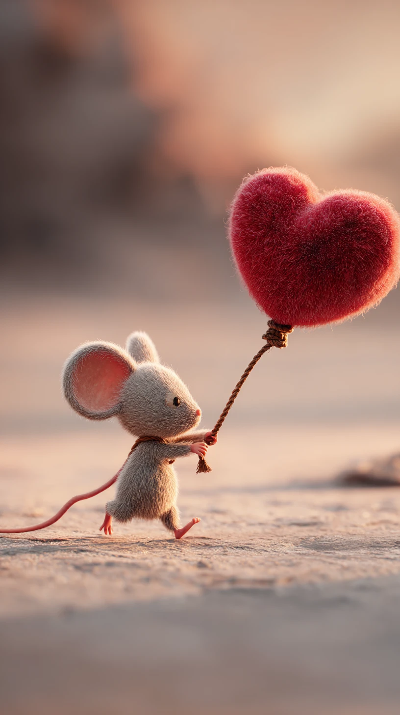 Dolce topolino 3D cartoon che trascina un grande cuore rosso