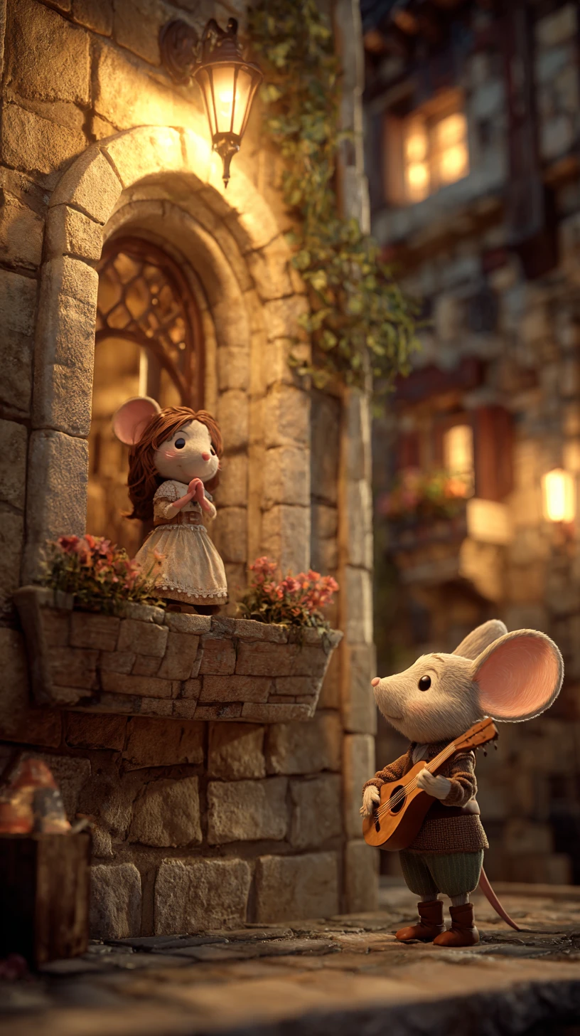 Romantic 3D mouse serenade beneath a medieval balcony