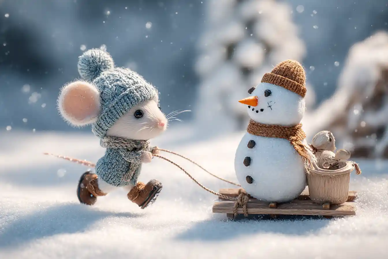 Adorable petite souris tirant un bonhomme de neige sur une luge dans une forêt d’hiver