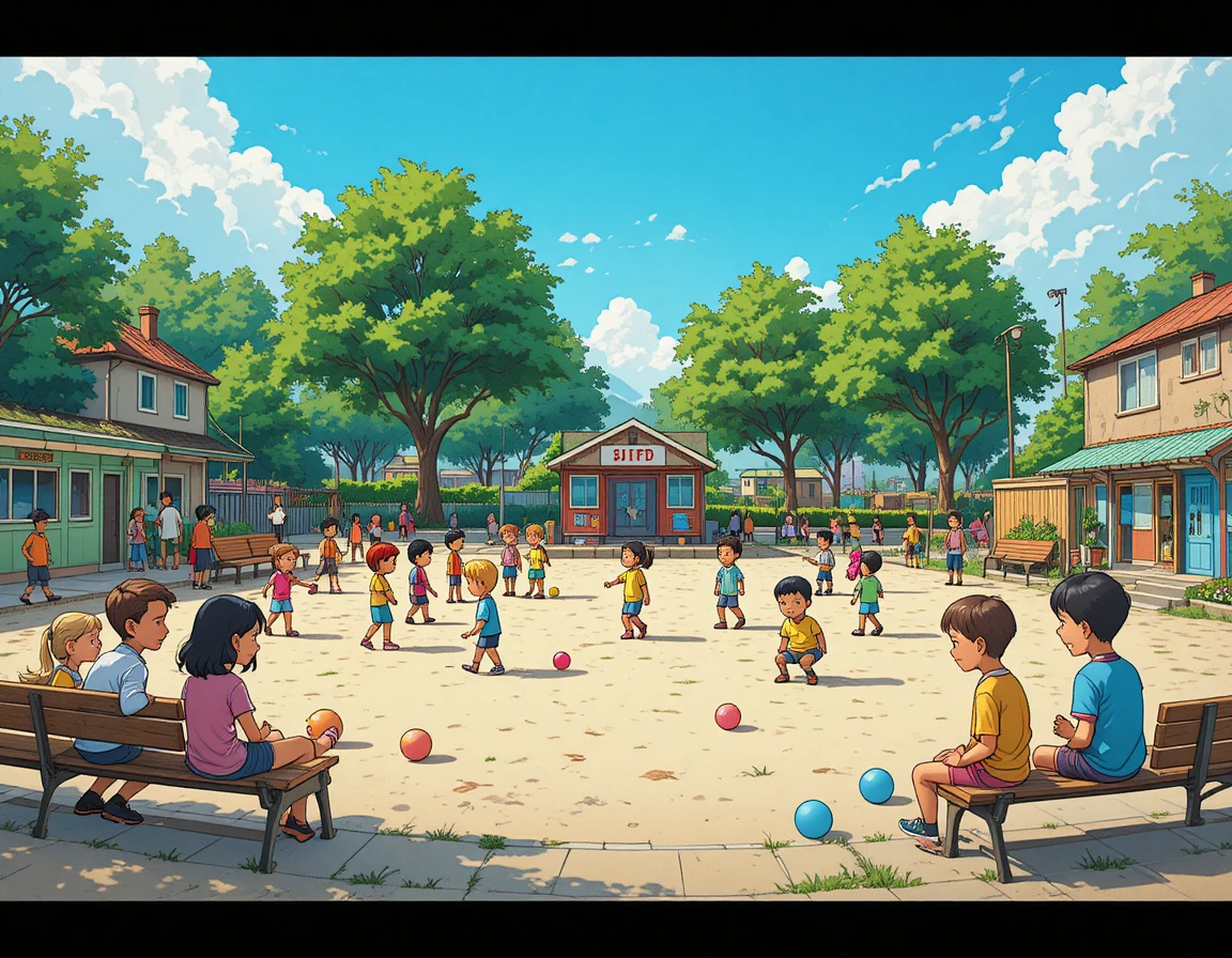 Colorful playground scene with children playing together