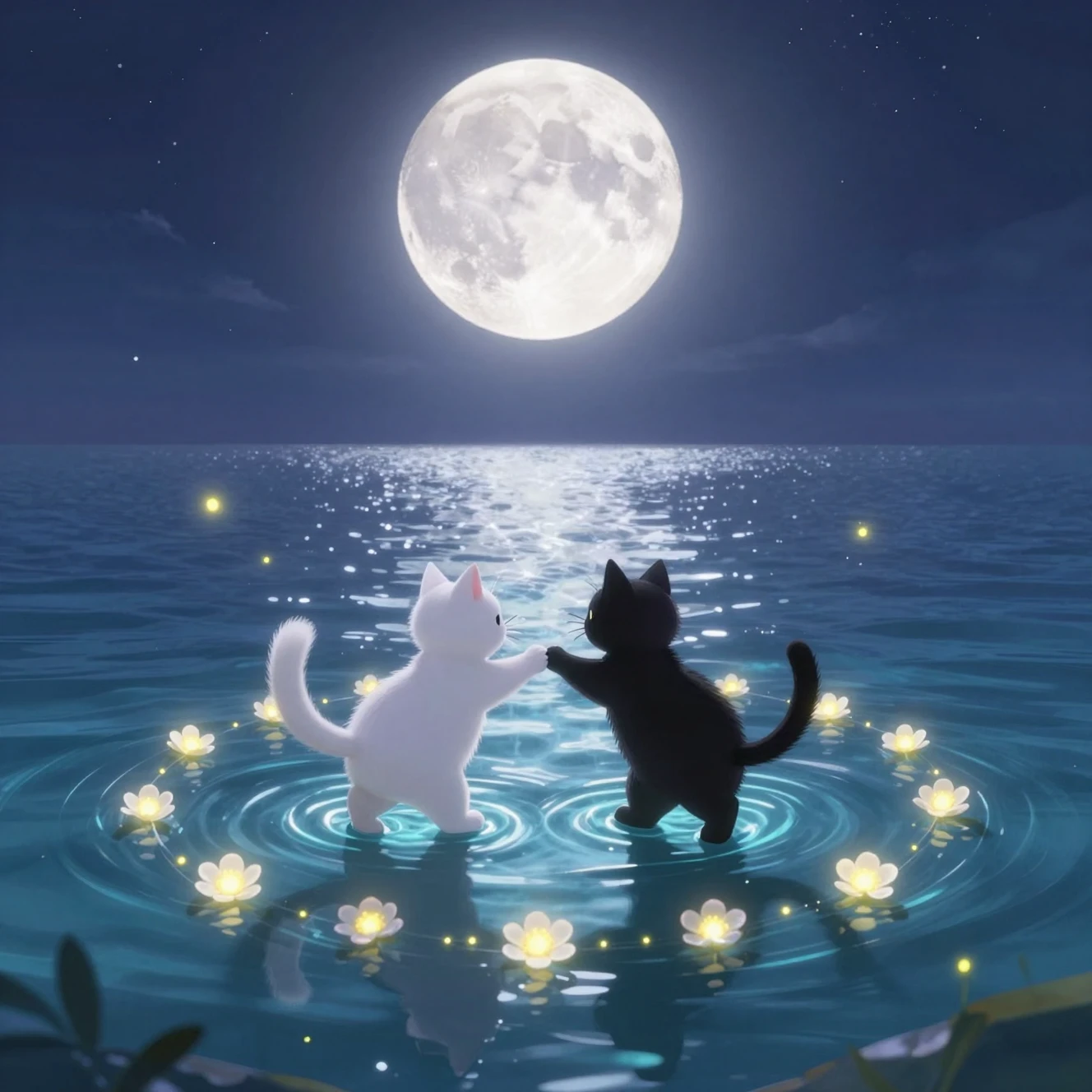 Zwei Katzen tanzen an einem leuchtenden mondbeschienenen Pool