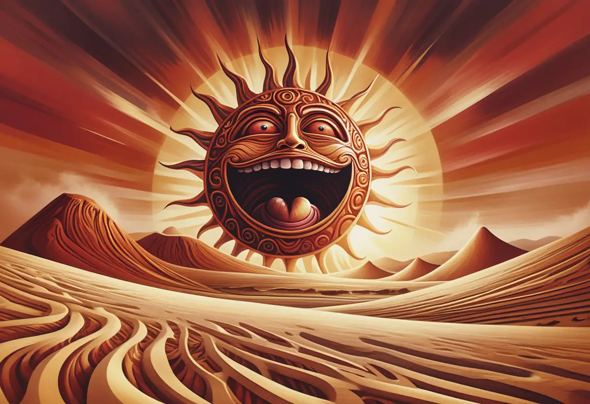 Giant Cartoon Sun Rising Above A Vast Desert Horizon