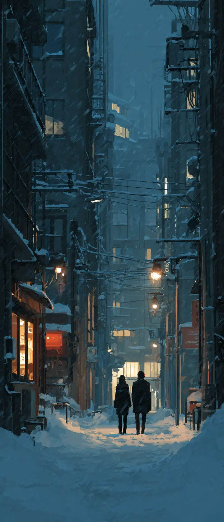 Couple Walking Along Empty Snowy City Street At Night