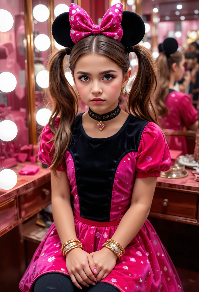 Nervous tween boy dressed as a girl in pink costume