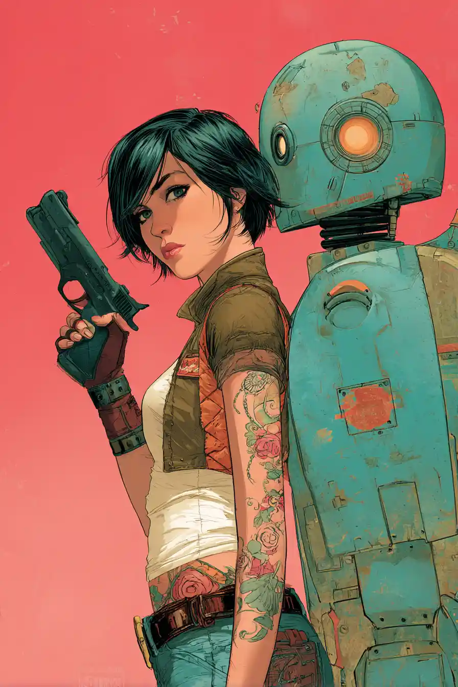 Sci fi woman and android partner on comic book cover