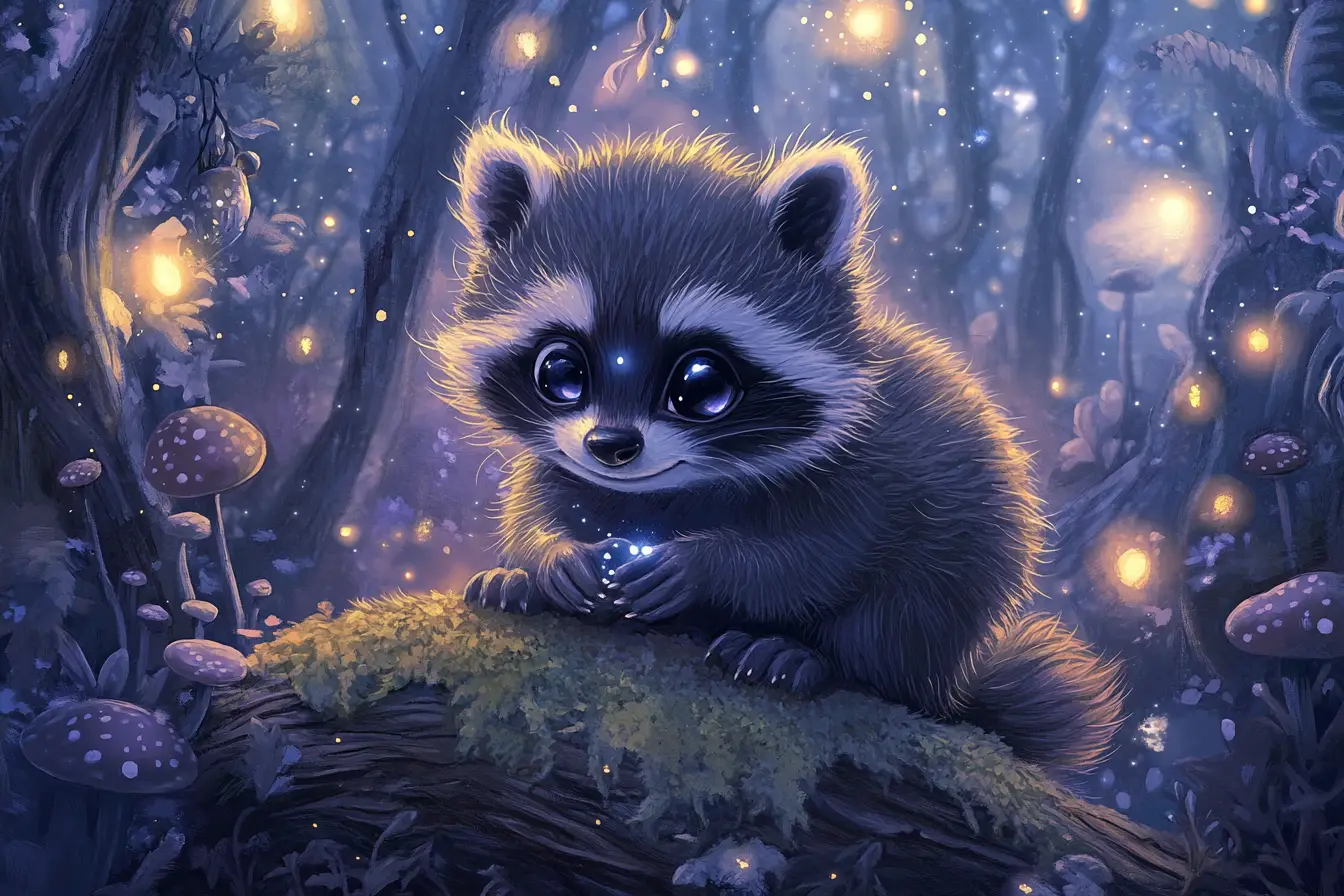 Cute Baby Raccoon On Glowing Log In Enchanted Forest