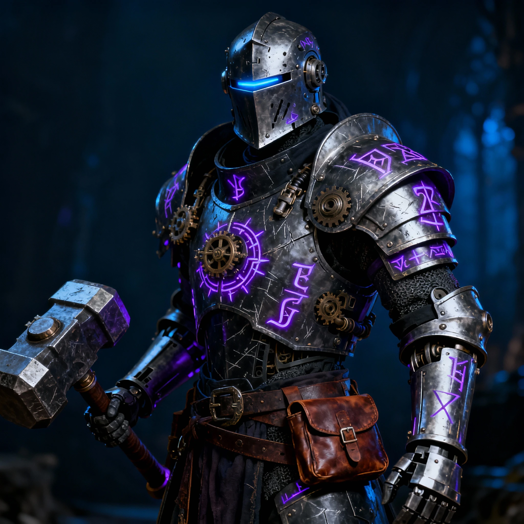 Dark fantasy artificer in heavy magical robotic armor