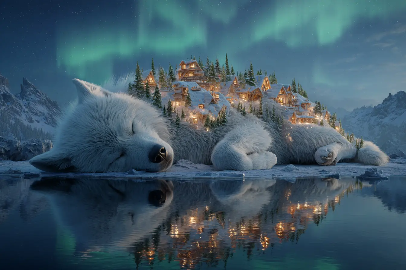 Colossal Arctic Wolf With Alpine Village On Frozen Lake