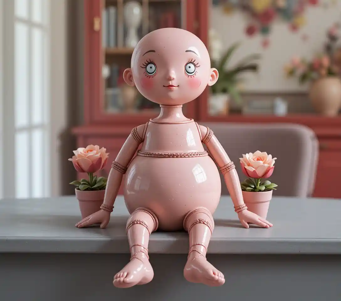 Figura juguetona de maceta de terracota sentada sobre mesa gris