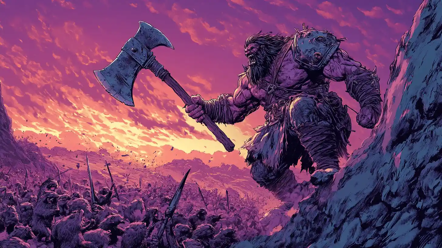 Barbarian warrior leaping with axe at giant human sized rats