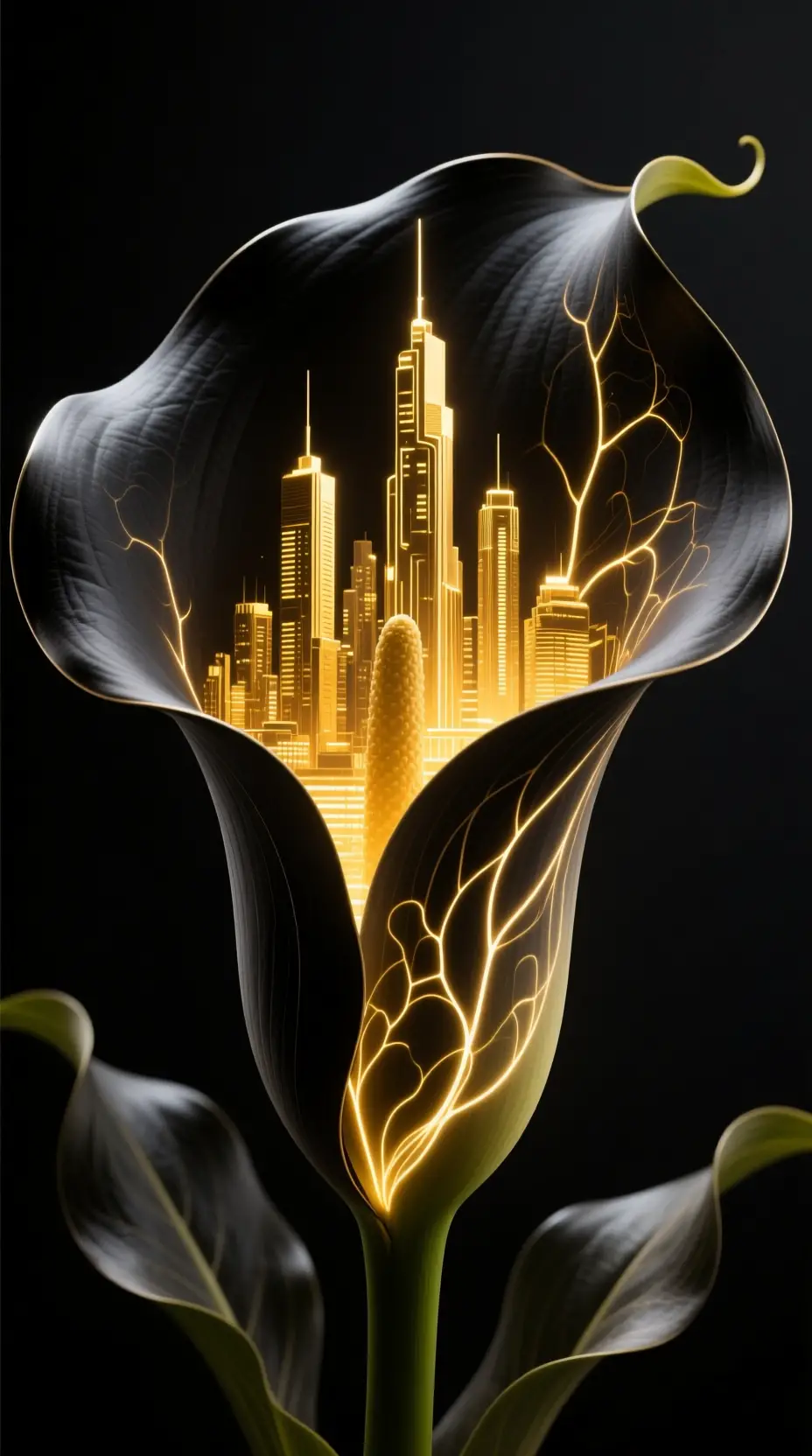 Surreal calla lily revealing a glowing futuristic city within