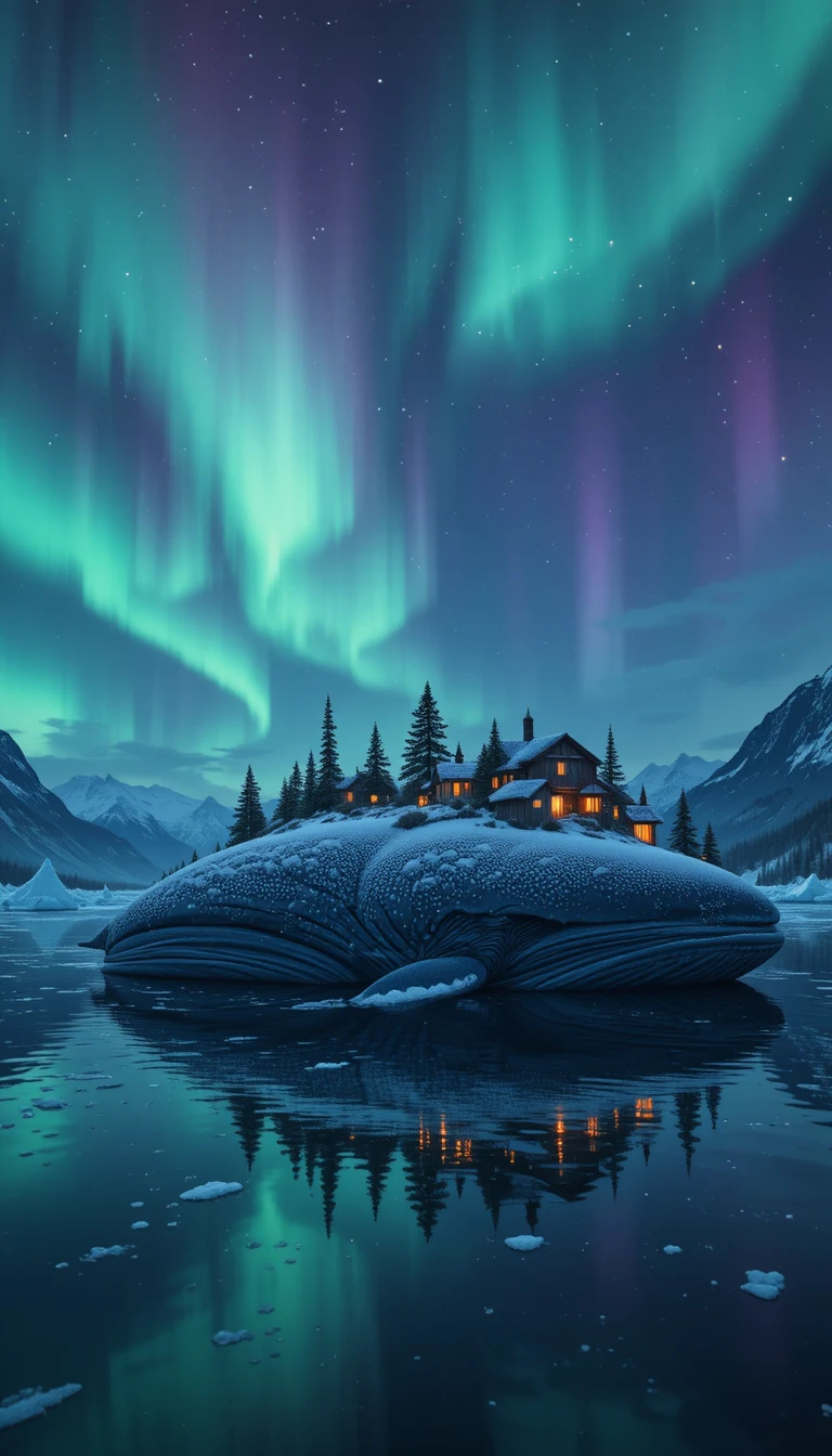 Sleeping whale under rippling northern lights in arctic waters