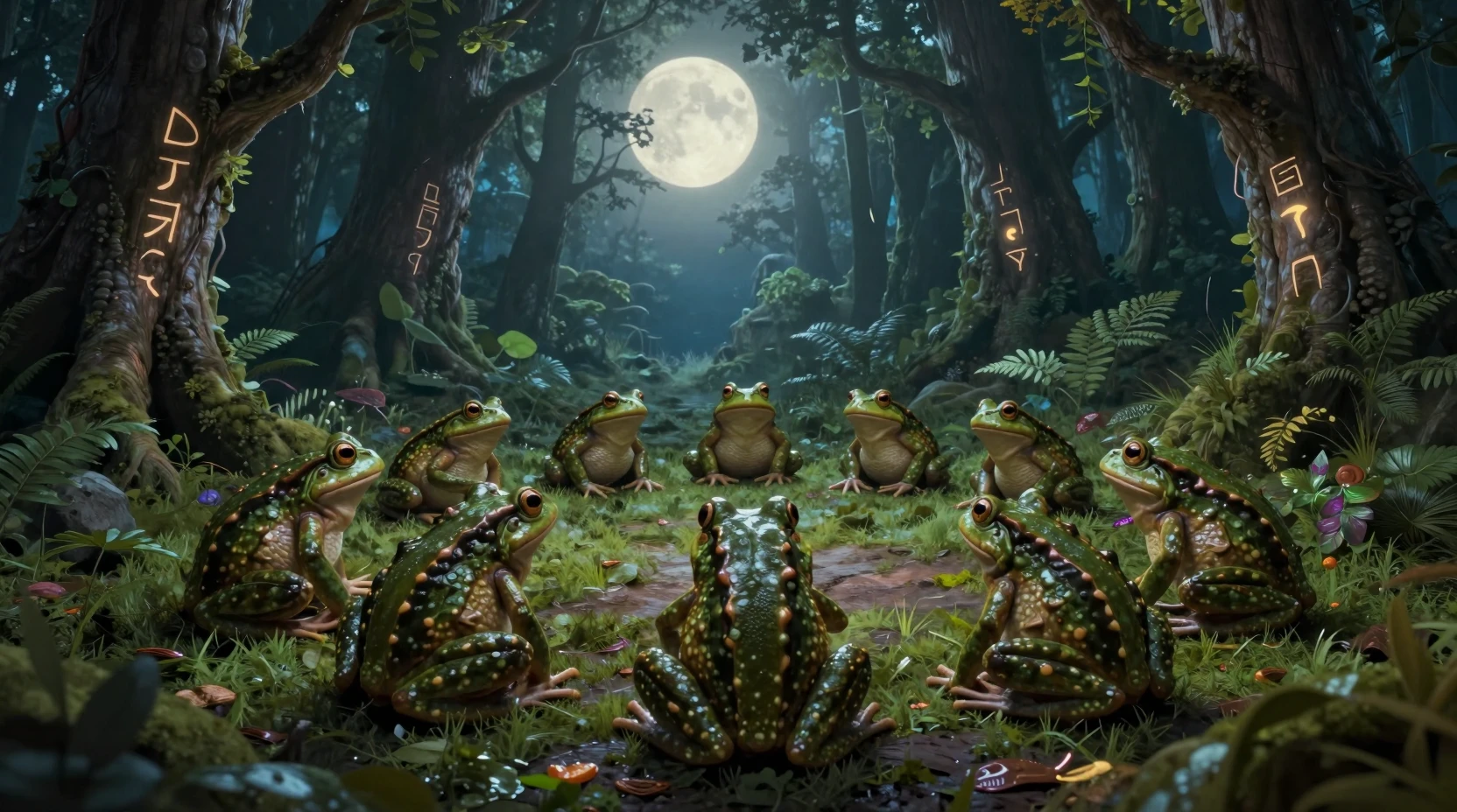 Circle of wise frogs in a moonlit enchanted forest clearing