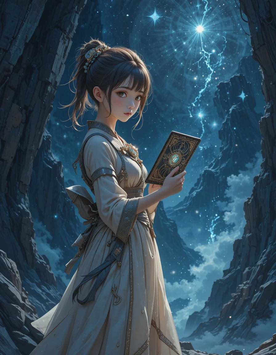 Fille anime tenant une tablette holographique au bord de l’abîme cosmique