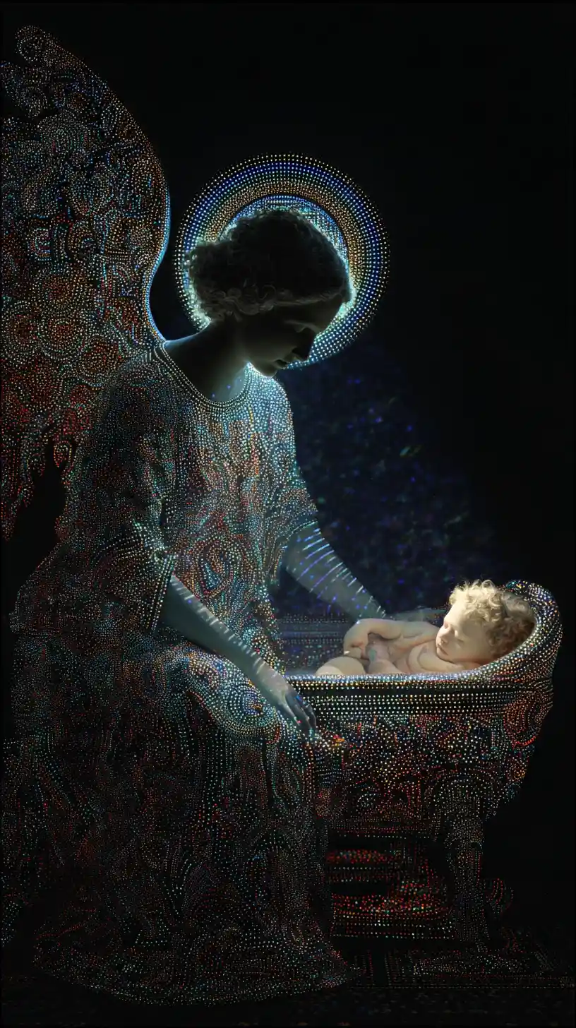Guardian angel watching over a sleeping baby in fantasy