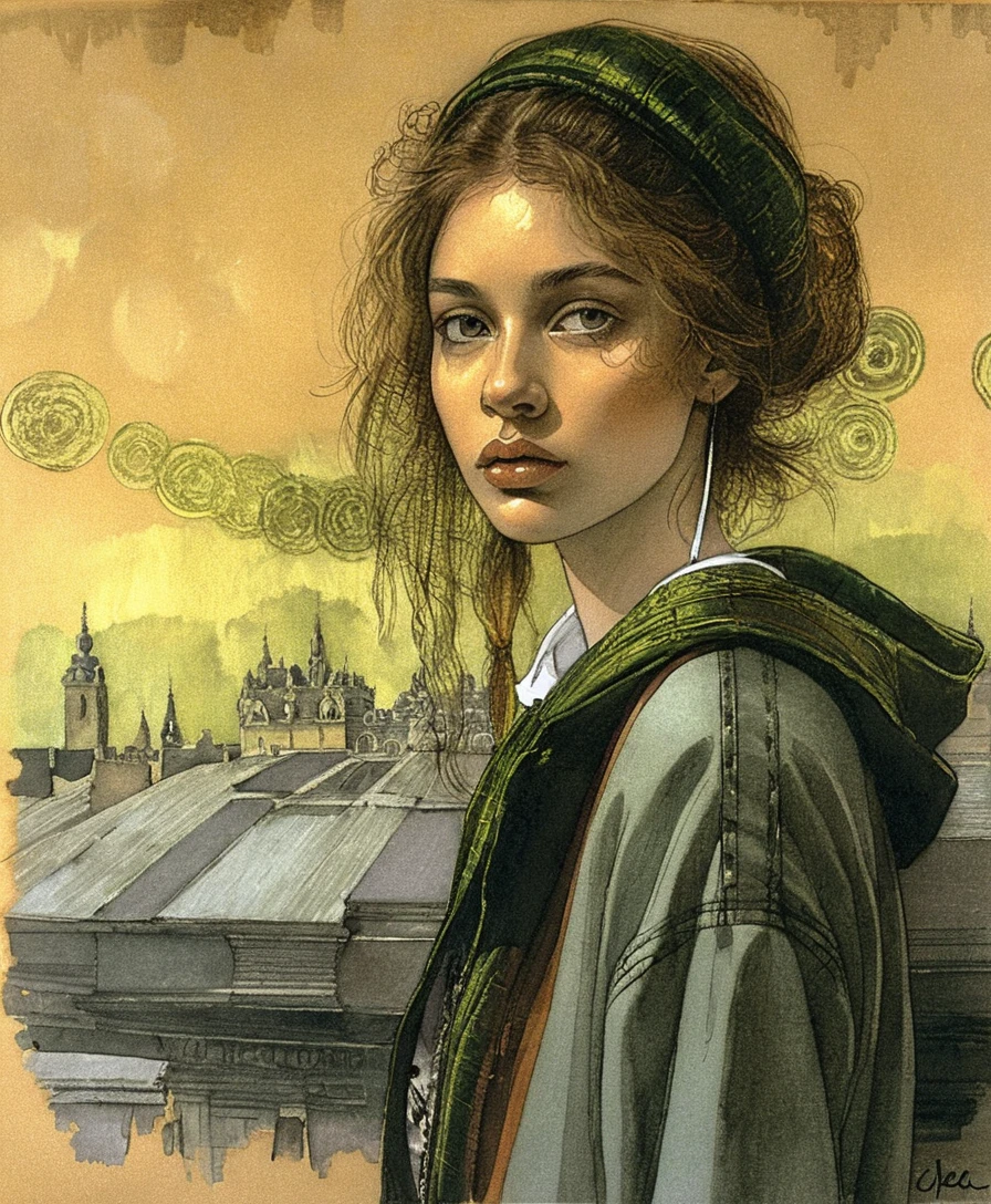 灰色紙上寧靜年輕女子的木炭素描肖像