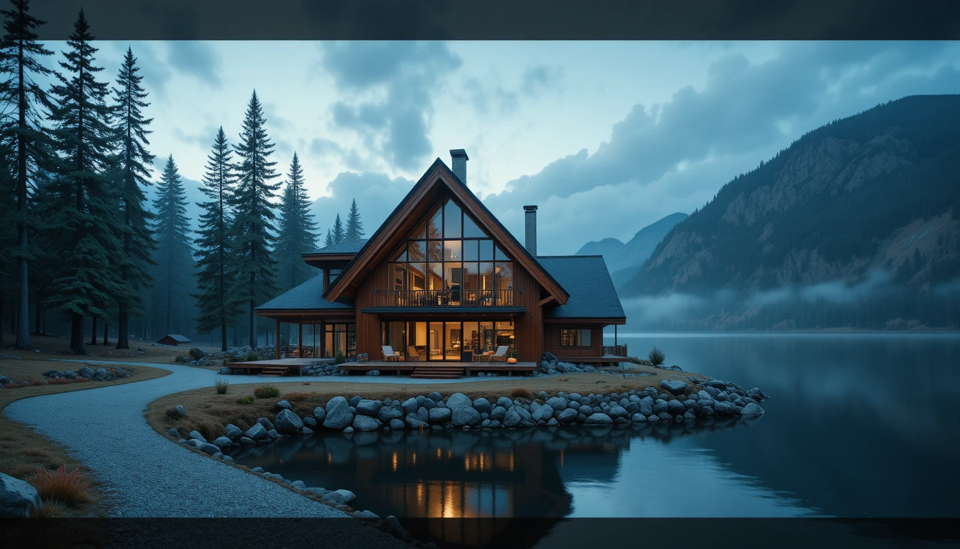 Scandinavian wooden lake house at dawn by pine covered mountains