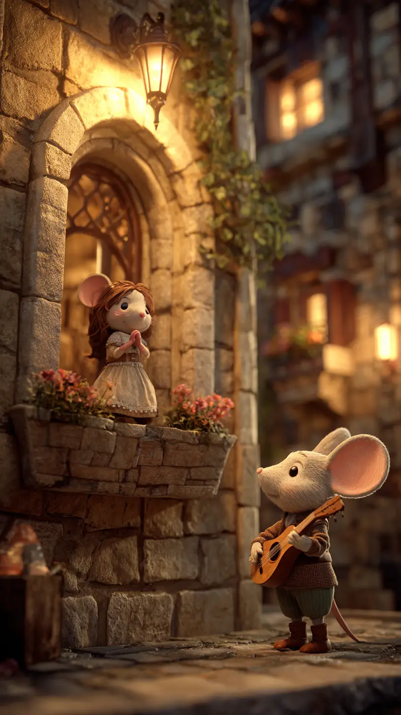 Romántica serenata de ratón 3D bajo un balcón medieval