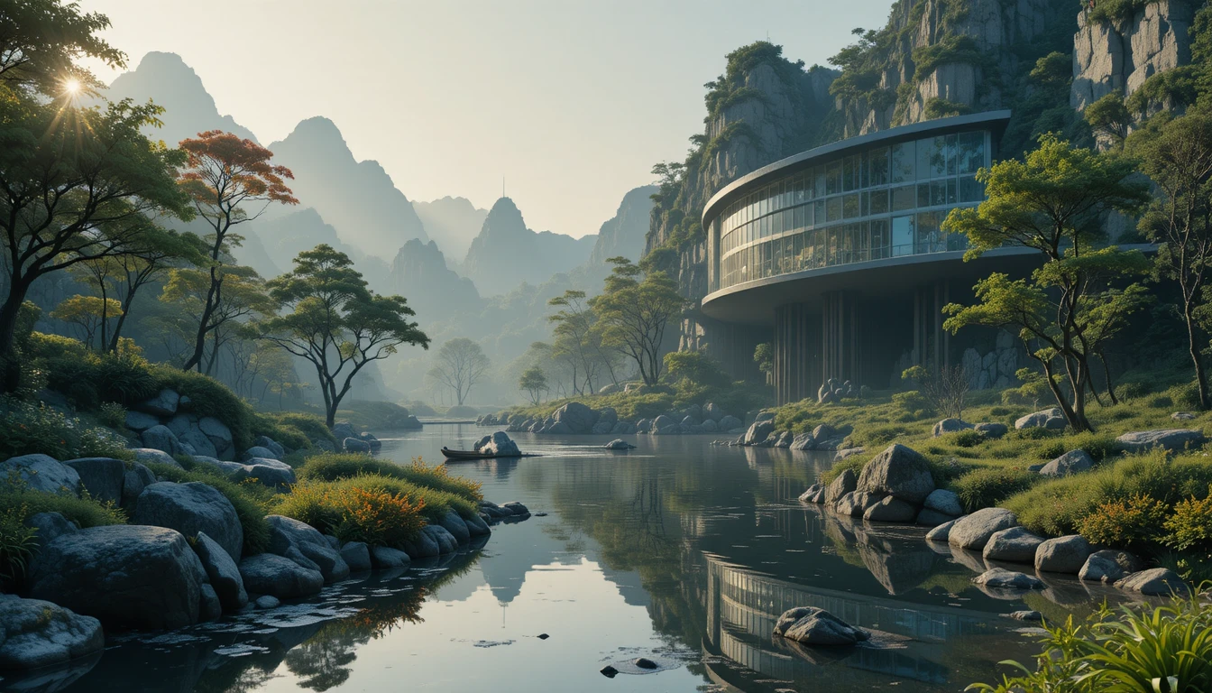 Vista cinematográfica de arquitectura moderna fusionada con la naturaleza tranquila