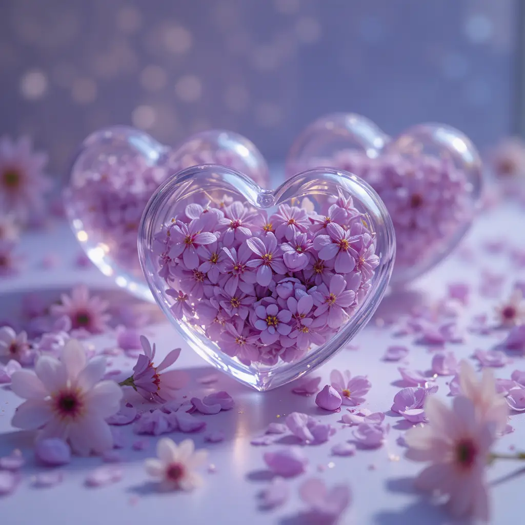 Pastel glass hearts with purple petals on lavender glow