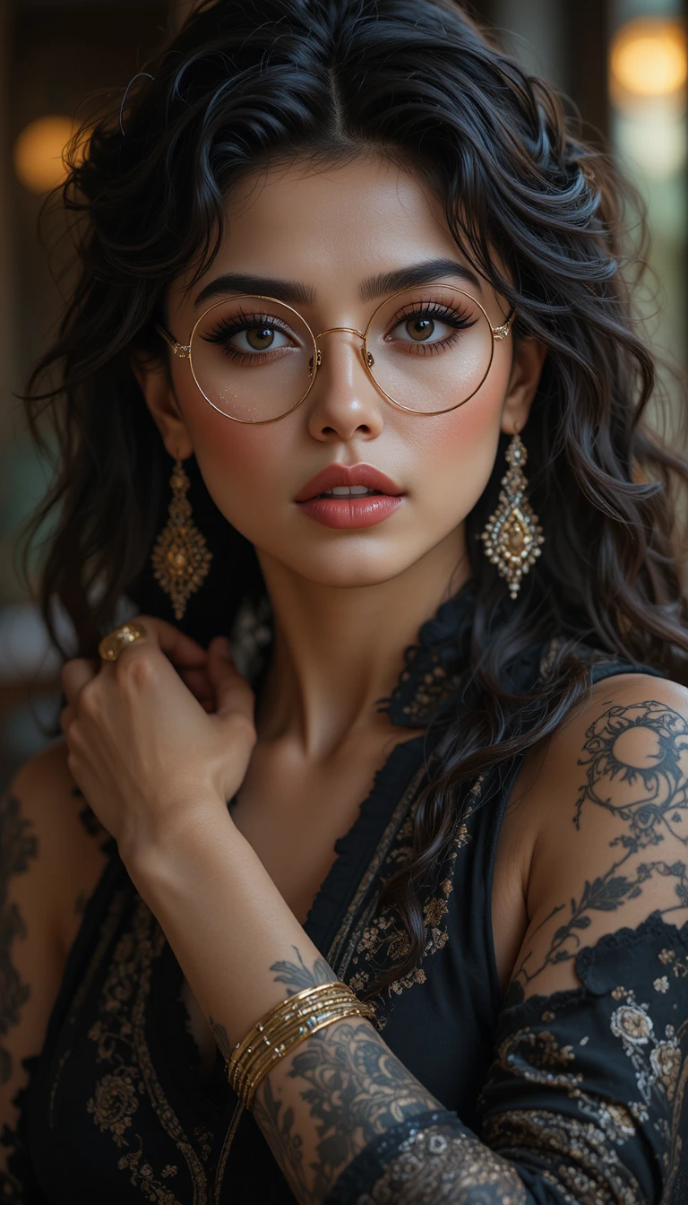 Thoughtful woman with curly hair and round glasses portrait
