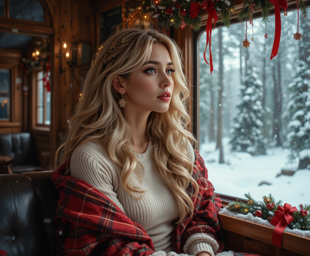 Thoughtful woman at a snowy window in rustic cabin