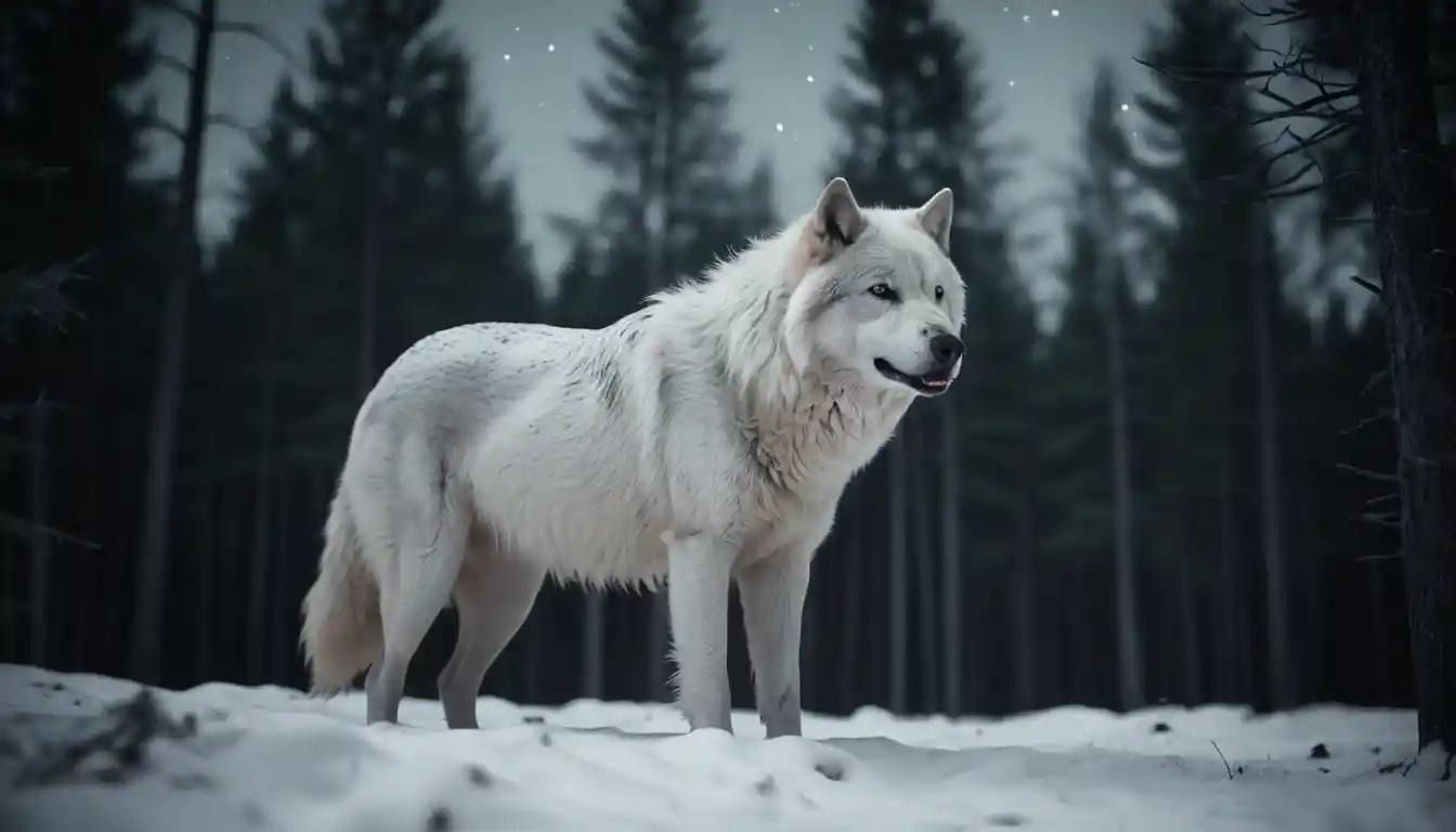 Ghostly dire wolf in a moonlit snowy forest