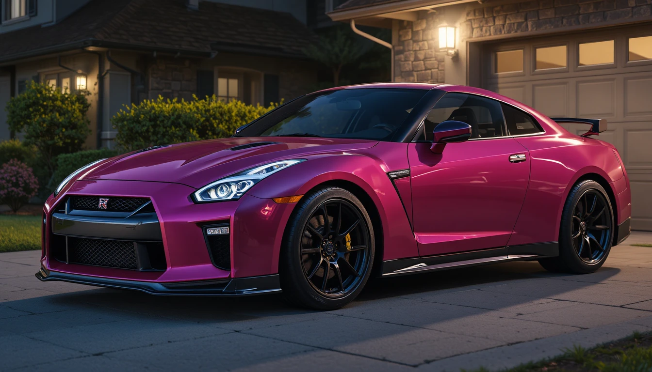 Dark pink sports car parked on a quiet driveway at night