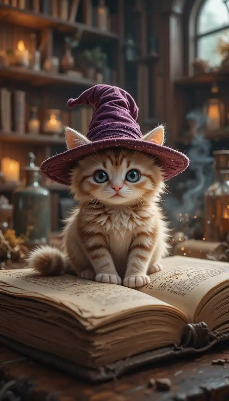 Cute wizard kitten on a glowing ancient spellbook