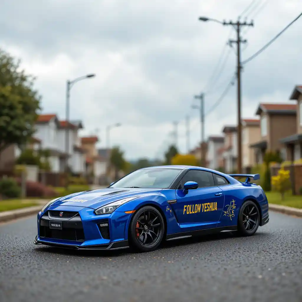 Blue sports car on a tiny neighborhood street scene