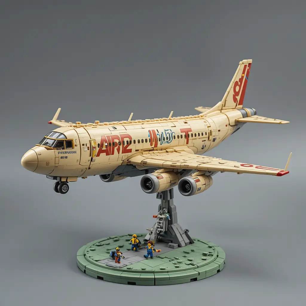 Large Lego style airplane on green platform in studio