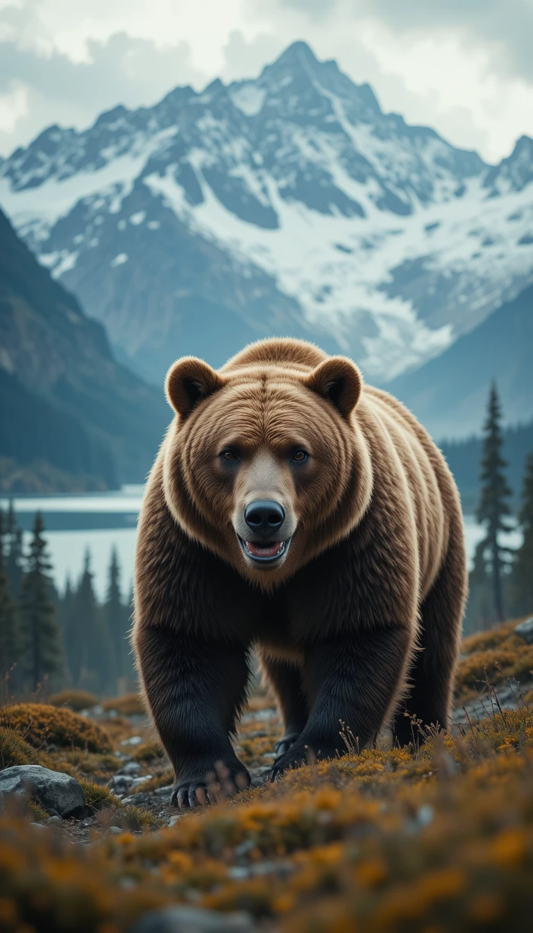 Orso bruno che vaga nella nebbiosa natura montana russa