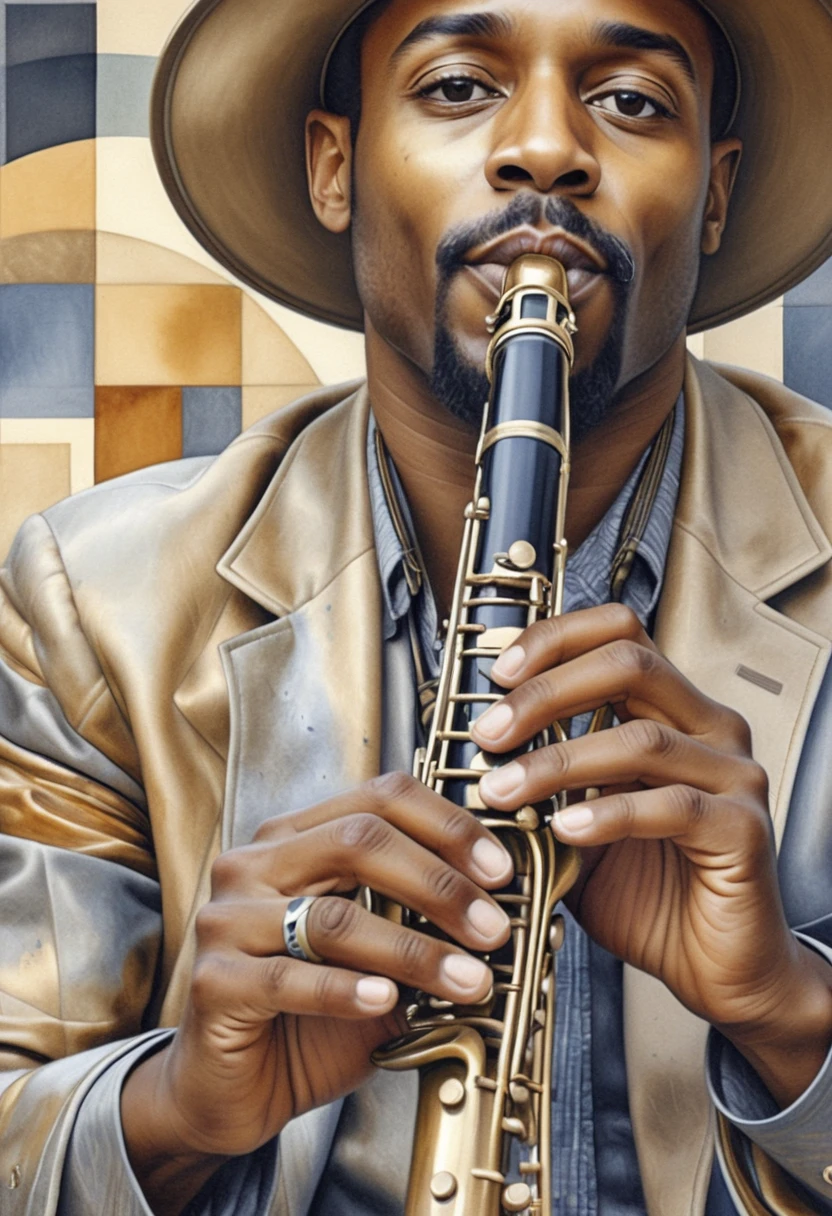 Cubist portrait of a jazz saxophonist in soft blue tones