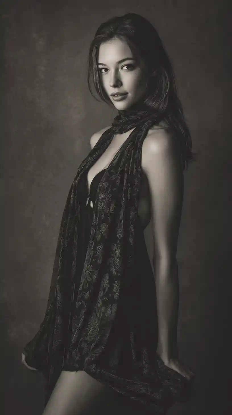 Tall slender woman posed in minimal chiffon shawl