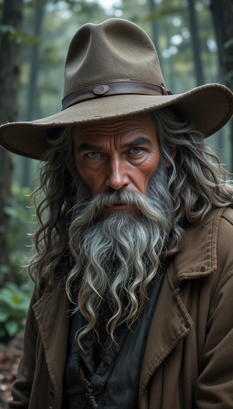 Vieil homme buriné avec chapeau devant une forêt floue