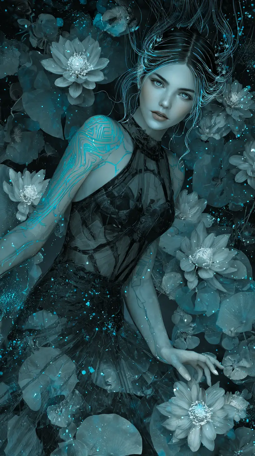 Ethereal rune tattooed woman rising from glowing dream lake