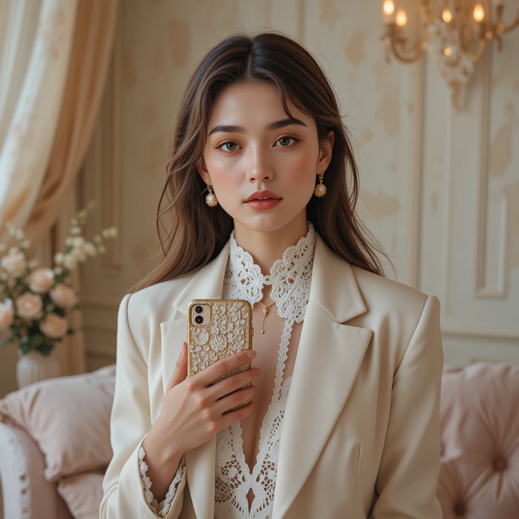 Romantic fashion portrait with lace collar and gold details