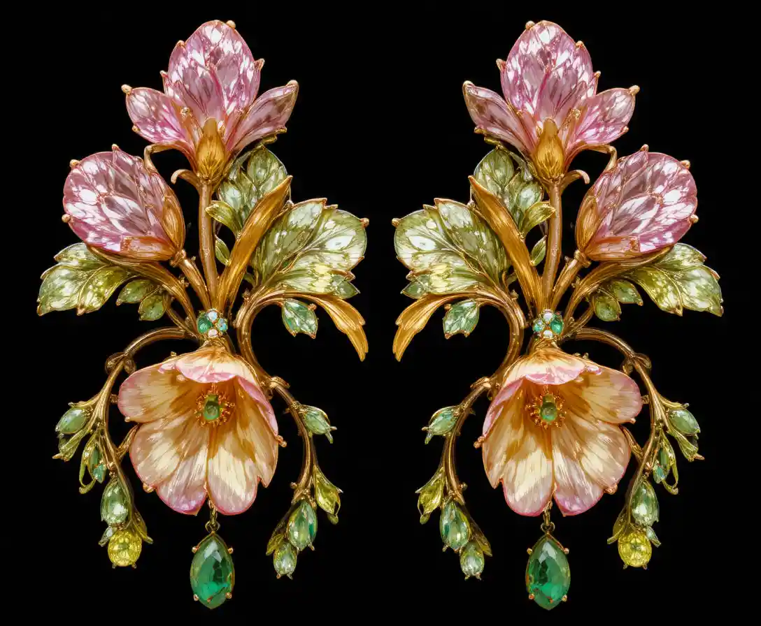 Gold floral gemstone earring on black background