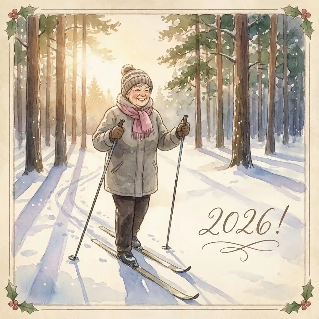 Grand-mère faisant du ski à travers une forêt de pins enneigée baignée de soleil