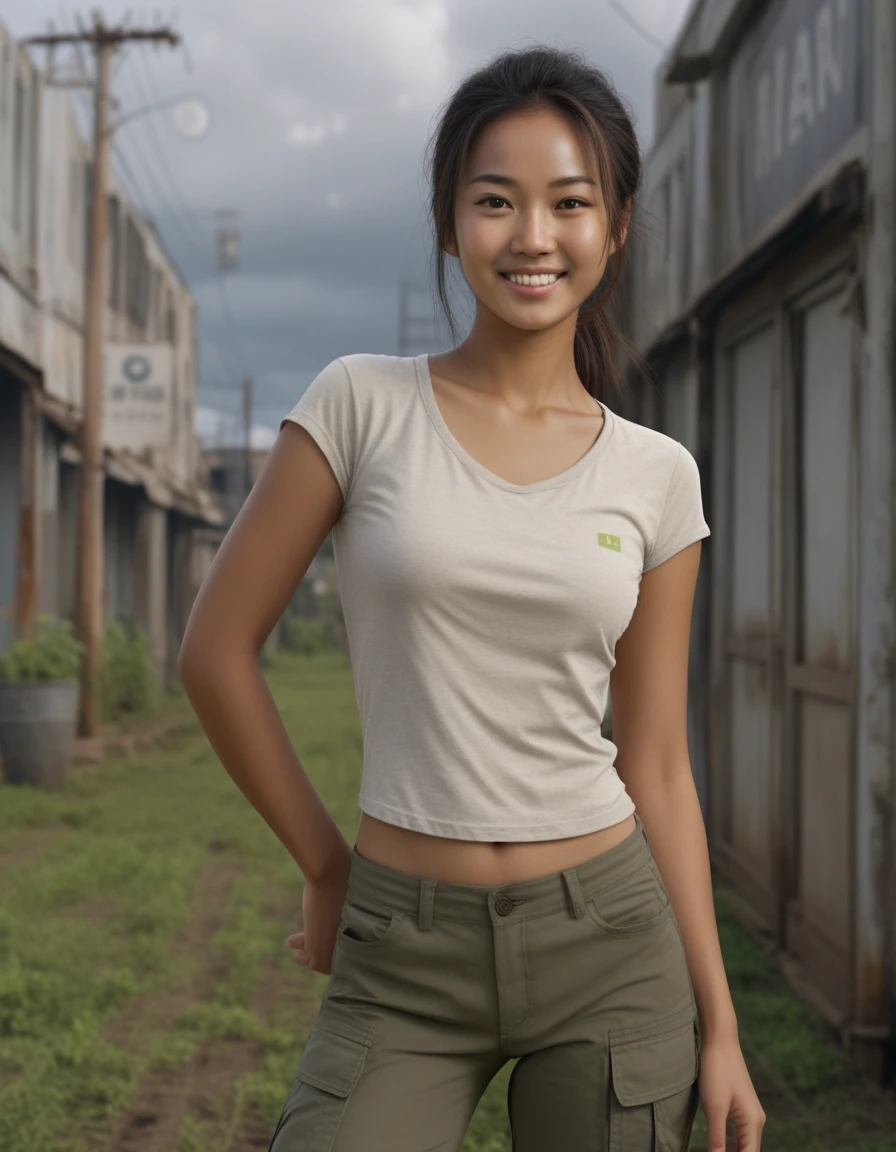 陰天裡站在田野中微笑的亞洲女性